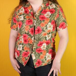 Vintage Red Green Orange Hawaiian Tourist Shirt, M